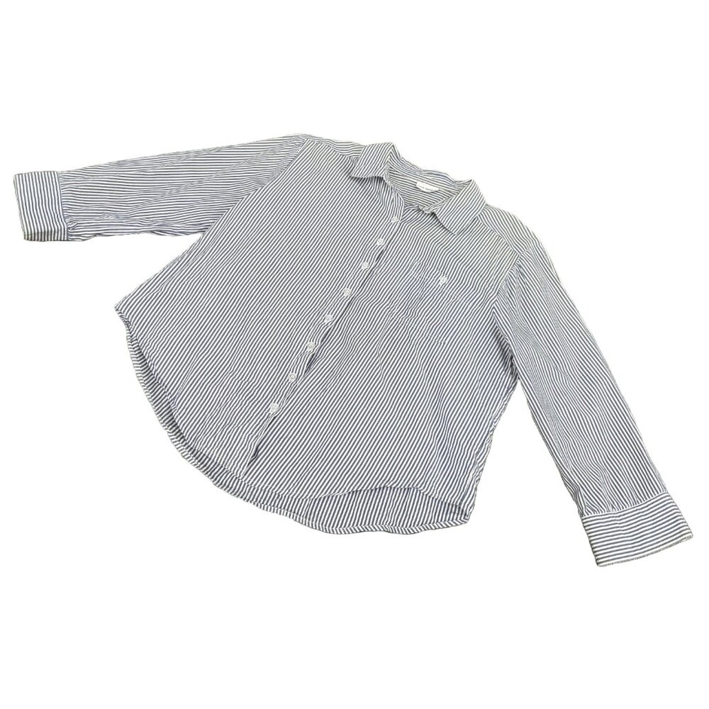 Vintage White and Blue Thin Striped Collared Three Quarter Length Button Blouse